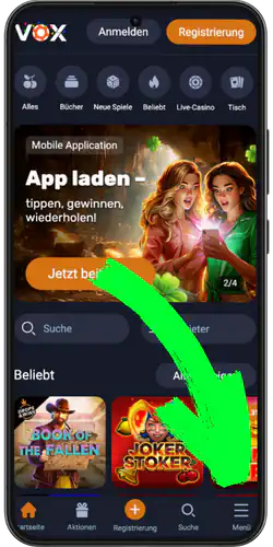 VOX Casino App - Besuchen Sie unsere offizielle Website und klicken Sie auf das Menü