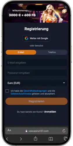 VOX Casino App - Starte die App und registriere dich